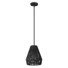 a black pendant light hanging from the ceiling