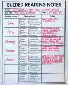 a handwritten guide for guided reading notes