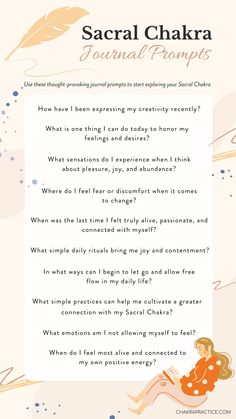 Do you often feel blocked spiritually, creatively, or sexually? Here are 50 stimulating, thought-provoking questions that will allow you to dive deeper into exploring your Sacral Chakra. #sacralchakra #chakra #chakrahealing #meditation #chakrabalancing #chakraalignment #chakrawork #chakrabalance #womenscircle #shadowwork #chakrabalancing #crystals #crystalworkshop #chakracrystals #chakraworkshop #selflovetips Sacral Chakra Healing Journal Prompts, Sacral Chakra Shadow Work, How To Heal Sacral Chakra, Sacral Chakra Shadow Work Prompts, Solar Plexus Journal Prompts, Sacral Chakra Journal Prompts, Chakra Worksheet, Chakra Questions