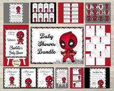 the baby shower bundle includes red and black items, including a deadpool character theme