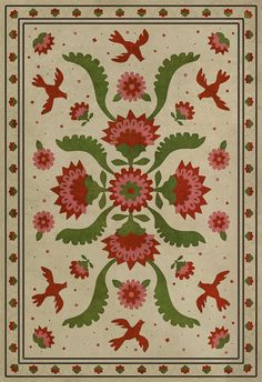 an old rug with birds and flowers on the floor in red, green and white colors