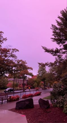 an empty park with benches and trees in the background at dusk or dawn on a cloudy day