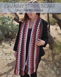 a woman wearing a crocheted scarf with text overlay that reads granny stripe scarf free crochet pattern