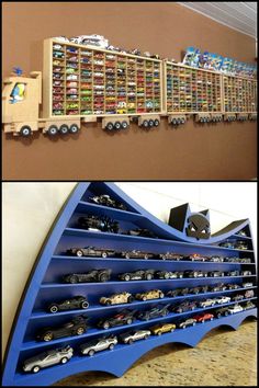 there are many toy cars on the shelves