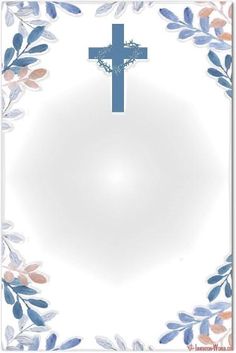 a blue cross on top of a white background with leaves and branches in the middle