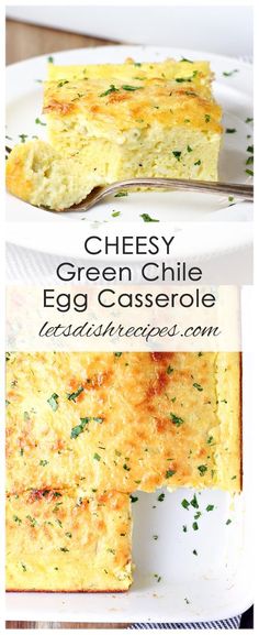 cheesy green chile egg casserole on a white plate with text overlay