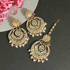 Beautiful White Kundan Chand Bali Earring & Tikka Set Punjabi Earrings, Chand Bali, Bali Earrings, Oxidized Necklace, Chandbali Earrings, Kundan Earrings, Purple Stones, Small Earrings, Gold Plated Necklace