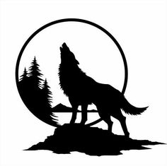 a wolf standing on top of a hill in front of a circle with trees around it