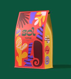 Organic Coffee Packaging Concept: Utilizing warm colors and shapes, coffee concept Sol finds inspiration in tropical Brazil's abundantly vibrant flora. The patterned leaves are a significant departure from some of the more minimalist and modular coffee brands. Patterned Packaging Design, Different Packaging Ideas, Cool Coffee Packaging, Vibrant Packaging Design, Tropical Packaging Design, Organic Package Design, Funky Packaging Design, Sol Branding, Coffee Packaging Ideas