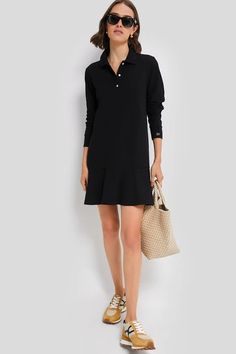 Black Long Sleeve Pique May Polo Dress | Tuckernuck Easy Silhouette, Gray Weddings, Short Dresses Casual, Polo Dress, Knit Collar, Button Placket, Black Long Sleeve, Ruffle Hem, Everyday Look