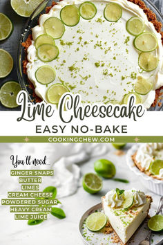 A creamy no bake lime cheesecake with a cookie crust, topped with lime zest. Perfect for a refreshing and easy dessert. No Bake Lime Cheesecake Recipes, Lime Cheesecake No Bake, Limeade Pie, Cheesecake With Gingersnap Crust, Lime Dessert, No Bake Cheesecake Filling, Simple Desserts, Lime Desserts, Sweet Lime