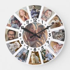 a clock with many pictures of people and their pets on it's face is shown