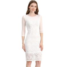 Whether you wear it to a wedding, a holiday party, or on a hot date. This dress is what you absolutely need for any party! A floral neck, mesh see-through sleeves, solid color, body-con pencil dress. Its sweet style shows your unique personal charm and produces a great visual effect. This dress is a great gift showing your love for your wife or girlfriend. Elegant Spring Party Lace Dress, Elegant Lace Mini Dress For Party Season, Lace Midi Dress For Wedding And Party Season, Lace Midi Dress For Wedding Party Season, Fitted Midi Dress With Lace Trim For Wedding Guest, Elegant Lace Party Dress, Elegant Holiday Bodycon Dress For Wedding, Fitted Bodycon Dress For Wedding And Holiday, Elegant Lace Bodycon Dress For Summer