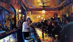 an oil painting of people at a bar in a restaurant with lights hanging from the ceiling