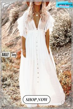 Solid Buttoned Waist Cord Maxi Dress White Maxi Dress With Buttons For Spring, White Maxi Dress With Buttons, Flowy Buttoned Midi Dress For Beach, Flowy Beach Midi Dress With Buttons, White Flowy Dress With Buttons, Flowy White Dresses With Buttons, Flowy Buttoned Midi Dress For Summer, Flowy Buttoned Summer Dresses, Flowy Midi Dress With Buttons For Summer