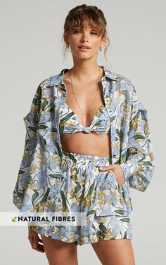 Amalie The Label - Estella Elastic Waist Relaxed Shorts in Iris Floral | Showpo USA Lounge Outfit, Comfort Wear, Looks Chic, Spring Summer Outfits, Outfits Casuales, Button Up Shirt, The Label, Button Up Shirts, Elastic Waist