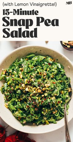 a white bowl filled with snap pea salad