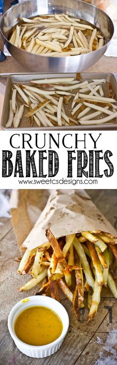 baked fries in a paper bag with dipping sauce on the side and text overlay reading crunchy baked fries