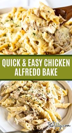 chicken alfredo bake in a white bowl with a wooden spoon and text overlay that reads quick & easy chicken alfredo bake