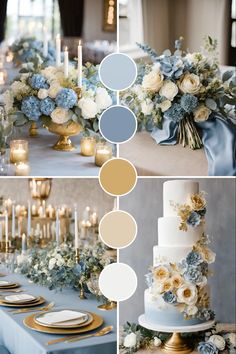 a collage of photos with blue and white flowers on the table, candles in the background