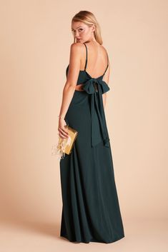 Benny Tie Back Bridesmaid Dress with Slit in Crepe Emerald | Birdy Grey Stylish Formal Dresses, Emerald Green Bridesmaid Dresses, Spaghetti Strap Bridesmaids Dresses, Deep Emerald Green, Bridesmaid Inspiration, Green Bridesmaid Dresses, Floor Length Skirt