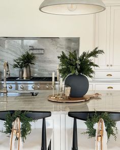 kitchen christmas decorations 2 Mcgee And Co Christmas Decor, Winter Kitchen Island Decor, Christmas Decor Ideas For Kitchen Island, Chair Wreaths, Mcgee Christmas, Megan West, White Gingerbread House, Kitchen Outside, Kitchen Countertop Decor