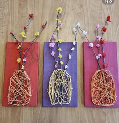 three pieces of art made out of string and flowers