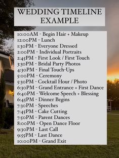 the wedding time line is displayed in front of a white house with trees and grass