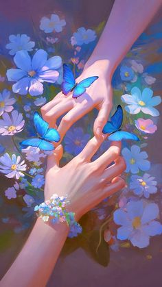 two hands touching each other with blue butterflies on their fingers and flowers in the background