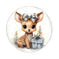 a baby deer with a bow sitting next to a christmas present in a snow globe