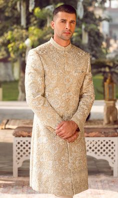 Buy Embroidered Pakistani Groom Sherwani Dress for Wedding that comes in premium quality fabric. The Sherwani Dress is available Online. Fast shipping. Sherwani Pakistani, Sherwani Groom Wedding, Brides Outfit, Groom Sherwani, Sherwani For Men Wedding, Groom Dress Men, Indian Groom Wear, Groom Photoshoot, Sherwani Groom