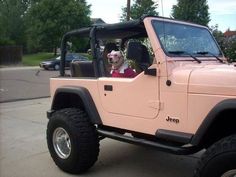 a pink jeep with a dog in the driver's seat