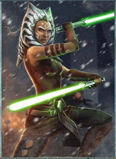 a star wars character holding two lightsabes in her hands, with snow falling on the ground behind her