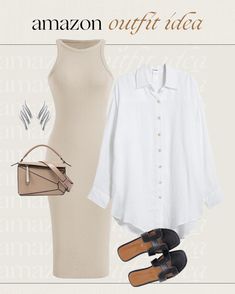 Effortless chic meets casual elegance with this versatile outfit idea! Pair a cozy ribbed dress with a crisp white button-down shirt for a stylish layered look that transitions seamlessly from day to night. Complete the ensemble with trendy sandals and eye-catching silver earrings for a touch of subtle glam. Perfect for brunch dates or a day out in the city! Find all these pieces on Amazon for a fashion-forward twist to your wardrobe. Subtle Glam, Brunch Dates, Amazon Favorites, Ribbed Dress, White Button Down Shirt, Versatile Outfits