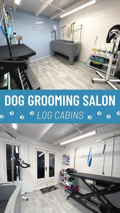 Dunster House Log Cabin as a Dog Grooming Salon Business Dog Grooming Rooms At Home, Dog Grooming Salon Decor, Garden Log Cabin, Pet Grooming Business, Garden Log Cabins, Log Cabins For Sale, Home Business Ideas, Dog Grooming Shop, Dog Spa