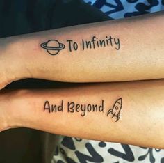 two people with tattoos on their arms that say to infinity, and beyond