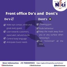 an advertisement with the words front office do's and don'ts