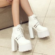 Department Name: Adult Item Type: Boots With Platforms: Yes Heel Height: Super High (8cm-up) Outsole Material: Rubber Insole Material: PU is_handmade: Yes Heel Type: Square heel Platform Height: 5-7cm Closure Type: Lace-Up Toe Shape: Round Toe Fashion Element: Platform Season: Spring/Autumn Boot Type: Basic Boot Height: Ankle Pattern Type: Solid Heel Height: 15cm Leather Style: Soft Leather Platform Height: 5.5cm White Lace-up Platform Boots With Chunky Platform, Chunky Platform Lace-up Boots For Party, White High Heel Boots For Spring, Trendy Heeled Boots With Metal Feet And Round Toe, Ankle-high Platform Boots With Metal Feet For Winter, White Ankle-high Martin Boots, High Heel Boots With Metal Feet For Spring, High Heel Boots With Metal Details For Spring, Trendy High Ankle Martin Boots In White