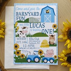 a farm birthday party with sunflowers and blue barn animals on the front card