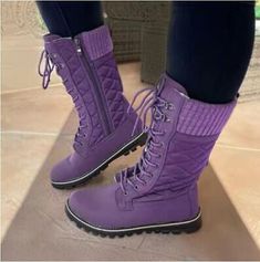 Premium Quality Womens Fashion Round Toe Quilted Lace Up Knitted Mid Calf Combat Boots Shoes 011, Fashion Women's shoes Cavalier Boots, Fleece Boots, Purple Boots, Pu Boots, Knitted Lace, Basic Heels, Winter Snow Boots, Martin Boots, Fashion Winter