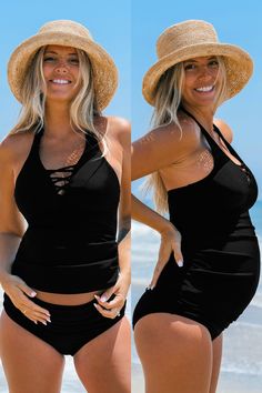 Need stylish and comfy maternity swimwear? The Halterneck Tankini Top & Retro Bottoms Maternity Set combines a supportive halterneck top with classic retro bottoms. Perfect for moms-to-be who want to stay fashionable at the beach or pool. Product Code: CKA12F4E004AA/ CKA12G4E004AA Features:  V-neckline with crossover strap detail Halter straps Removable soft cups High bust support High-rise Retro low-cut leg Retro full bum coverage Regular wash Materials: 80%NYLON, 20%SPANDEX Lining: 92%POLYESTER, 8%SPANDEX. Fitted Maternity Swimwear For Summer, Halterneck Top, Maternity Swimwear, Halter Neck Top, Soft Cup, Beach Look, Tankini Top, Beach Dresses, Beach Outfit