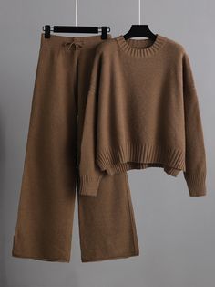 Urban Loose Long Sleeves Solid Color Round-Neck High-Low Sweater Tops  &  Wide Leg Pants Suits  COFFEE-One_size Wide Leg Pant Suit, Work Pants Women, Outfit Autumn, Loose Fit Sweater, Outfit Halloween, Casual Chique, Sweater Tops, Dress Suit, Inspo Outfit