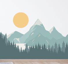 an image of a mountain scene with pine trees and the sun in the sky wall decal