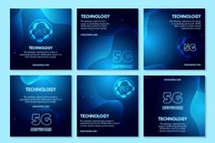 blue technology business card templates set with abstract shapes and lines on dark background illustration