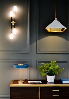 a table with a plant on it next to two lamps and a lamp shade hanging from the ceiling