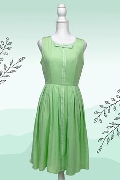 Samantha in Nile Green will add some cheer and positive energy to your wardrobe. Reminiscent of the 1960's color palettes of soft light green with white trim detail on the bow and center front makes this darling dress perfect for casual everyday wear. Features pleated circle skirt with hidden side seam pockets. Don't forget to add a crinoline underneath for that true-to-vintage look! PRODUCT DETAILS: Scoop neckline with bow detail Sleeveless Pleated circle dress Pockets Fabric has no stretch Eas Pleated Circle Skirt, Dress Pockets, Circle Dress, Darling Dress, White Trim, Circle Skirt, Trim Detail, Pocket Dress, Casual Everyday