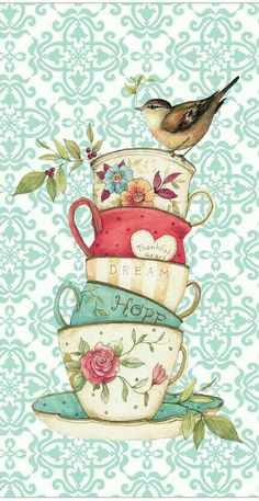 a bird sitting on top of stacked teacups with flowers and birds around them