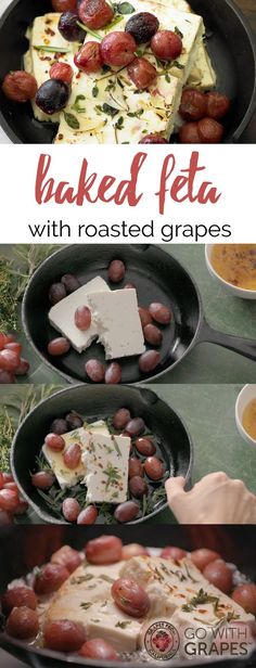 baked feta with roasted grapes in a cast iron skillet