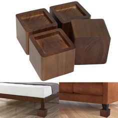 four wooden boxes sitting on top of each other in front of a bed and couch