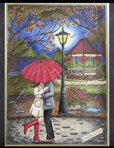 a painting of a couple kissing under an umbrella in the rain by a lamp post